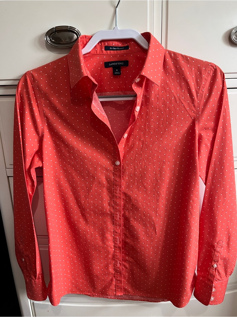 Lands' End Coral Dot Long-Sleeve Button-Down Blouse